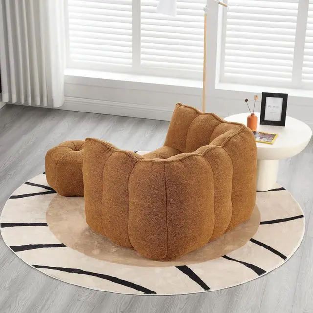 Alt view image 3 of 7 - Giant Comfy Bean Bag Chair with Footstool, Big Beanbag for Adults,Boneless Reading Chair for Gaming and Watching, Square Lazy Sofa for Living Room, Bedroom,Khaki+Yellow
