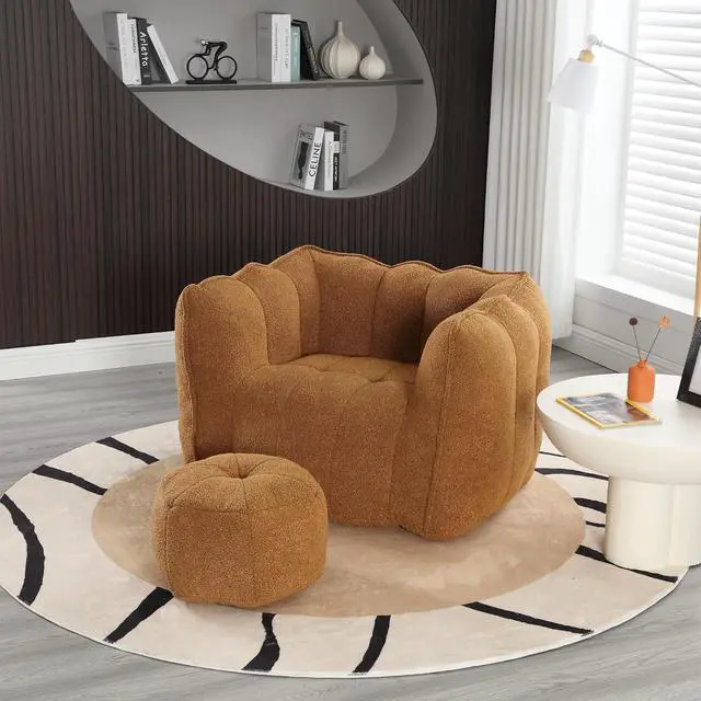 Alt view image 6 of 7 - Giant Comfy Bean Bag Chair with Footstool, Big Beanbag for Adults,Boneless Reading Chair for Gaming and Watching, Square Lazy Sofa for Living Room, Bedroom,Khaki+Yellow