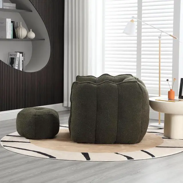 Alt view image 2 of 7 - Giant Comfy Bean Bag Chair with Footstool, Big Beanbag for Adults,Boneless Reading Chair for Gaming and Watching, Square Lazy Sofa for Living Room, Bedroom,Olive Green