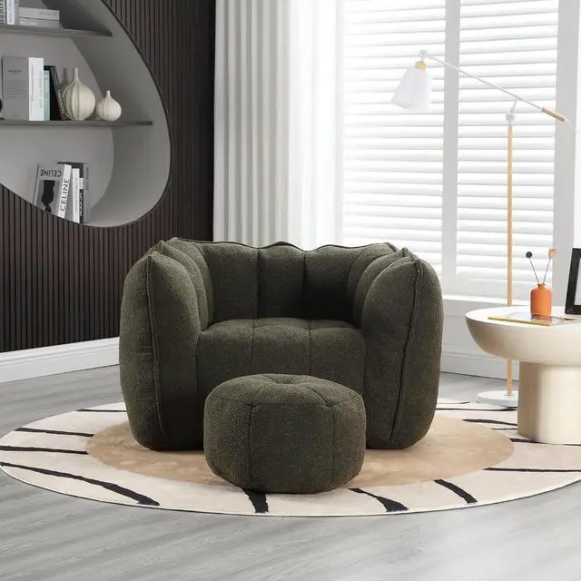 Main image of Giant Comfy Bean Bag Chair with Footstool, Big Beanbag for Adults,Boneless Reading Chair for Gaming and Watching, Square Lazy Sofa for Living Room, Bedroom,Olive Green