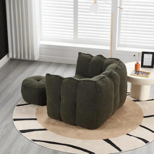 Alt view image 3 of 7 - Giant Comfy Bean Bag Chair with Footstool, Big Beanbag for Adults,Boneless Reading Chair for Gaming and Watching, Square Lazy Sofa for Living Room, Bedroom,Olive Green