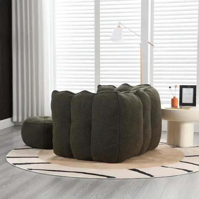 Alt view image 5 of 7 - Giant Comfy Bean Bag Chair with Footstool, Big Beanbag for Adults,Boneless Reading Chair for Gaming and Watching, Square Lazy Sofa for Living Room, Bedroom,Olive Green