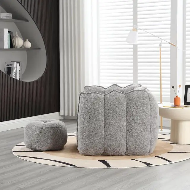 Alt view image 3 of 7 - Giant Comfy Bean Bag Chair with Footstool, Big Beanbag for Adults,Boneless Reading Chair for Gaming and Watching, Square Lazy Sofa for Living Room, Bedroom,Grey