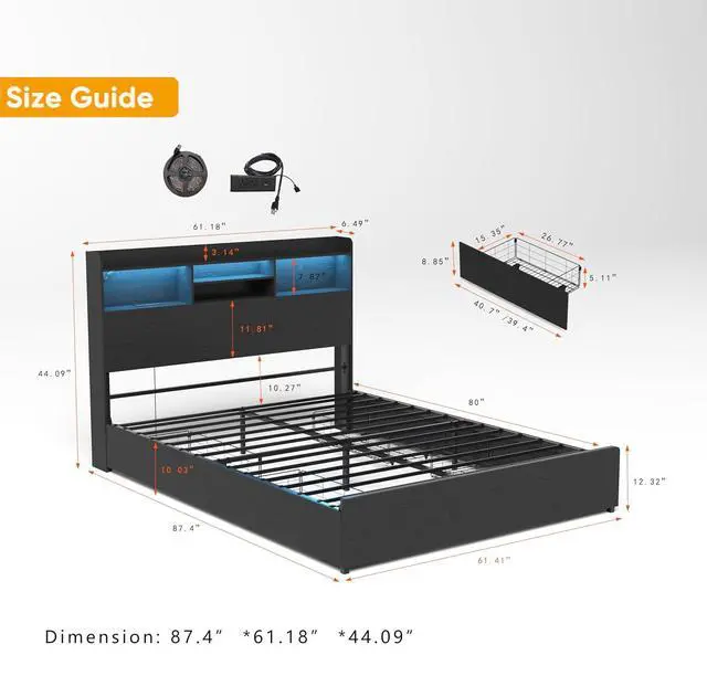 Alt view image 2 of 7 - Queen Bedframe with 4 Roll Out Drawers, Metal Platform Bed with LED Headboard, Storage Shelf, Charging Station, Multi-Functional Double Bed with Solid Metal Support, Noise-Free, Black