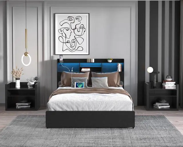 Alt view image 4 of 7 - Queen Bedframe with 4 Roll Out Drawers, Metal Platform Bed with LED Headboard, Storage Shelf, Charging Station, Multi-Functional Double Bed with Solid Metal Support, Noise-Free, Black