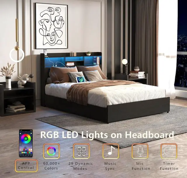 Alt view image 3 of 7 - Queen Bedframe with 4 Roll Out Drawers, Metal Platform Bed with LED Headboard, Storage Shelf, Charging Station, Multi-Functional Double Bed with Solid Metal Support, Noise-Free, Black