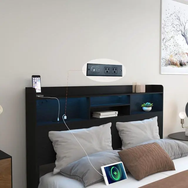 Alt view image 6 of 7 - Queen Bedframe with 4 Roll Out Drawers, Metal Platform Bed with LED Headboard, Storage Shelf, Charging Station, Multi-Functional Double Bed with Solid Metal Support, Noise-Free, Black
