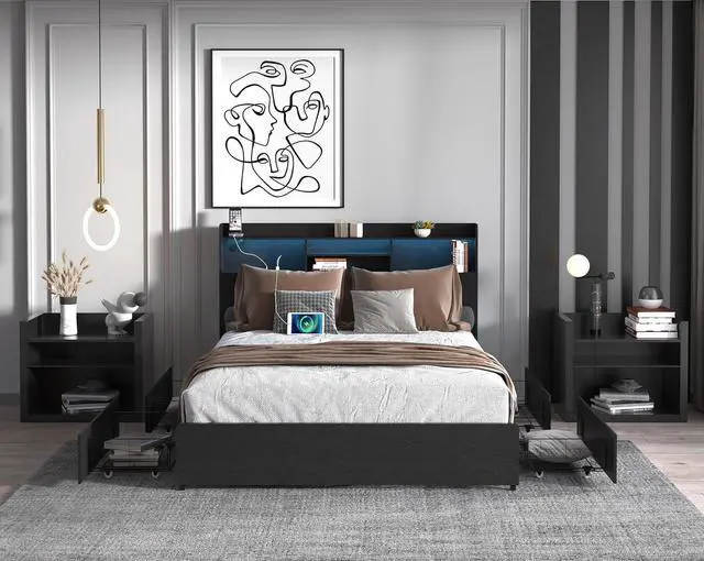 Main image of Queen Bedframe with 4 Roll Out Drawers, Metal Platform Bed with LED Headboard, Storage Shelf, Charging Station, Multi-Functional Double Bed with Solid Metal Support, Noise-Free, Black