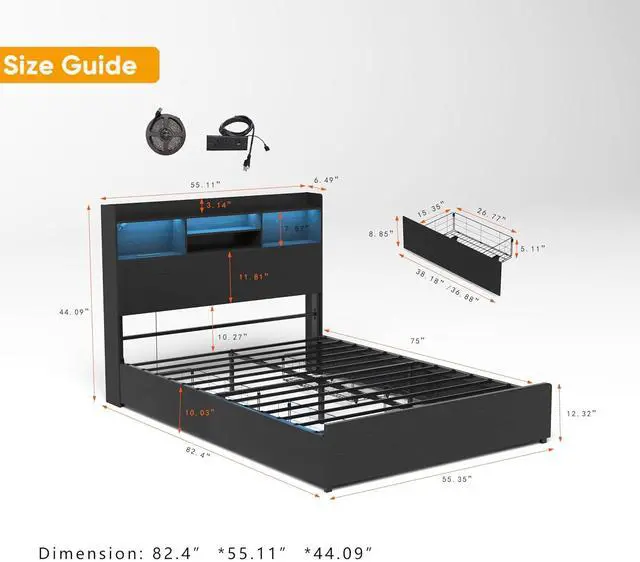 Alt view image 2 of 7 - Full Bedframe with 4 Roll Out Drawers, Metal Platform Bed with LED Headboard, Storage Shelf, Charging Station, Multi-Functional Double Bed with Solid Metal Support, Noise-Free, Black