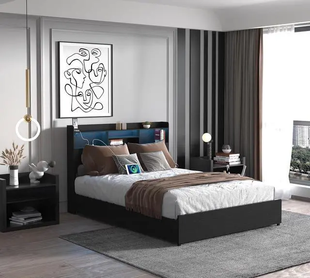 Alt view image 5 of 7 - Queen Bedframe with 4 Roll Out Drawers, Metal Platform Bed with LED Headboard, Storage Shelf, Charging Station, Multi-Functional Double Bed with Solid Metal Support, Noise-Free, Black