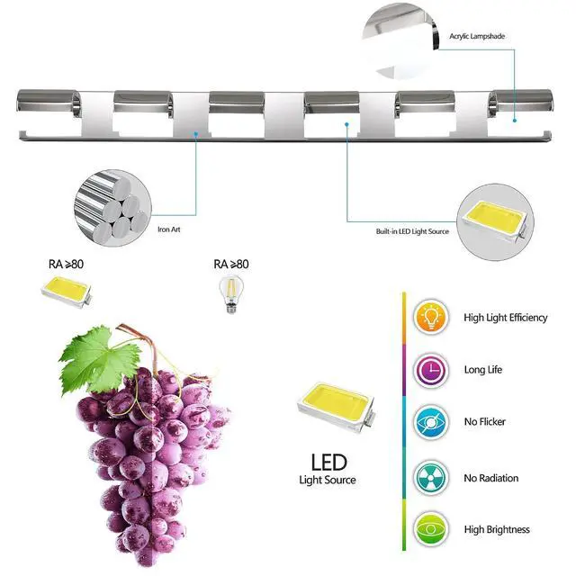 Alt view image 4 of 7 - Bathroom Lighting Fixtures over Mirror, Bathroom Vanity Lighting 6-Light, Modern LED Vanity Lights for Bathroom, Chrome Bath Wall Lighting, Bathroom Lights Wall Lamp Sconces for Mirror Bedroom