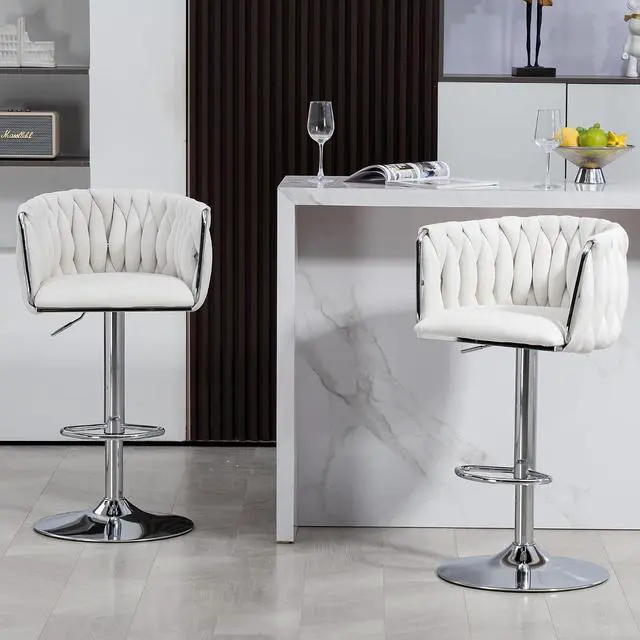Main image of 360° Fabric Cover Swivel Bar Stools Set of 2, Adjustable Counter Height Bar Chairs with Woven Back & Footrest, Silver Chromed Counter Stools for Kitchen Island