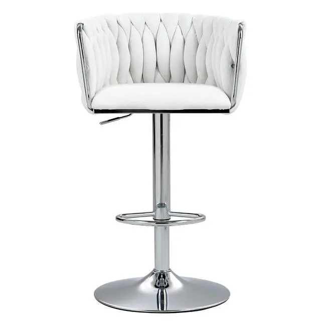 Alt view image 2 of 7 - 360° Fabric Cover Swivel Bar Stools Set of 2, Adjustable Counter Height Bar Chairs with Woven Back & Footrest, Silver Chromed Counter Stools for Kitchen Island