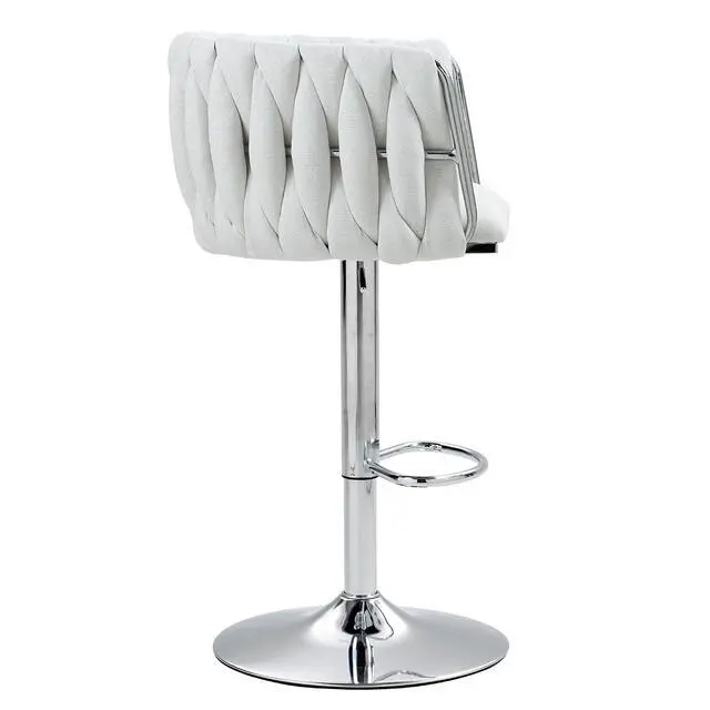 Alt view image 4 of 7 - 360° Fabric Cover Swivel Bar Stools Set of 2, Adjustable Counter Height Bar Chairs with Woven Back & Footrest, Silver Chromed Counter Stools for Kitchen Island