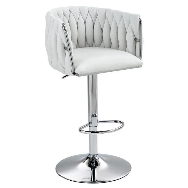 Alt view image 3 of 7 - 360° Fabric Cover Swivel Bar Stools Set of 2, Adjustable Counter Height Bar Chairs with Woven Back & Footrest, Silver Chromed Counter Stools for Kitchen Island