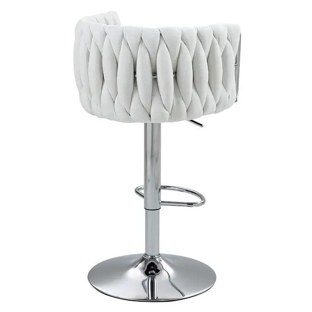 Alt view image 5 of 7 - 360° Fabric Cover Swivel Bar Stools Set of 2, Adjustable Counter Height Bar Chairs with Woven Back & Footrest, Silver Chromed Counter Stools for Kitchen Island