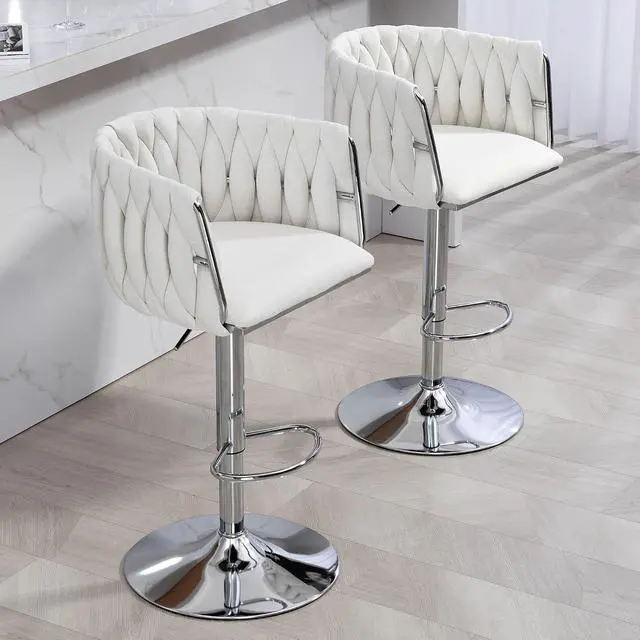 Alt view image 6 of 7 - 360° Fabric Cover Swivel Bar Stools Set of 2, Adjustable Counter Height Bar Chairs with Woven Back & Footrest, Silver Chromed Counter Stools for Kitchen Island