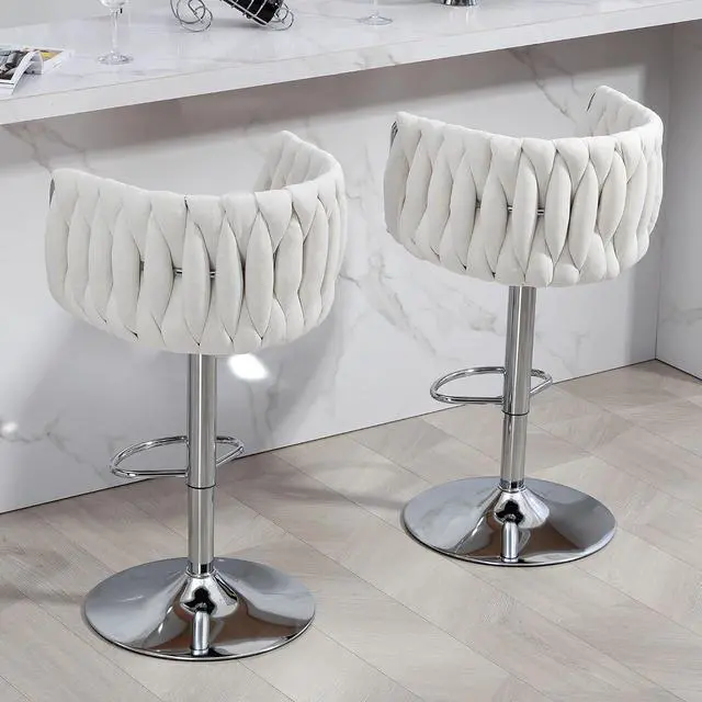 Alt view image 7 of 7 - 360° Fabric Cover Swivel Bar Stools Set of 2, Adjustable Counter Height Bar Chairs with Woven Back & Footrest, Silver Chromed Counter Stools for Kitchen Island