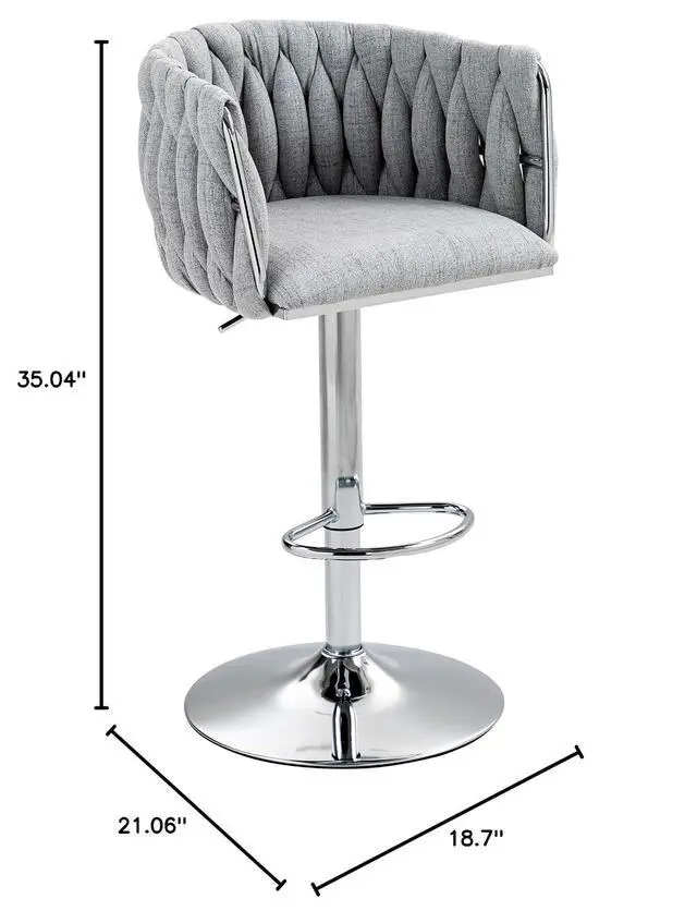 Alt view image 2 of 7 - 360° Fabric Cover Swivel Bar Stools Set of 2, Adjustable Counter Height Bar Chairs with Woven Back & Footrest, Silver Chromed Counter Stools for Kitchen Island