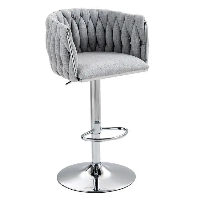 Alt view image 4 of 7 - 360° Fabric Cover Swivel Bar Stools Set of 2, Adjustable Counter Height Bar Chairs with Woven Back & Footrest, Silver Chromed Counter Stools for Kitchen Island