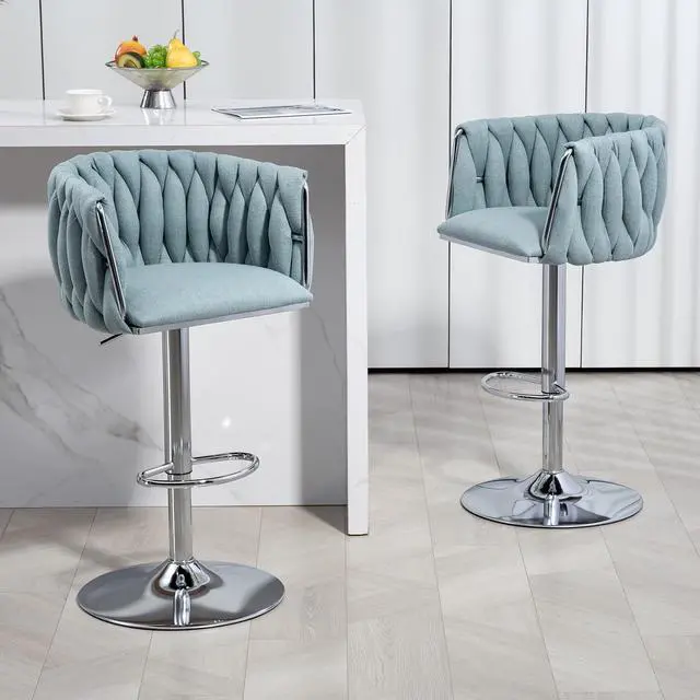 Main image of 360° Fabric Cover Swivel Bar Stools Set of 2, Adjustable Counter Height Bar Chairs with Woven Back & Footrest, Silver Chromed Counter Stools for Kitchen Island