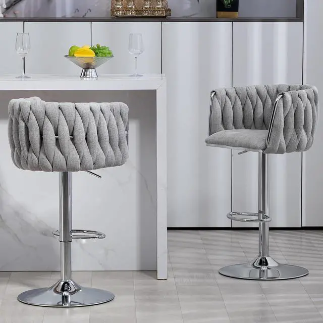 Alt view image 7 of 7 - 360° Fabric Cover Swivel Bar Stools Set of 2, Adjustable Counter Height Bar Chairs with Woven Back & Footrest, Silver Chromed Counter Stools for Kitchen Island
