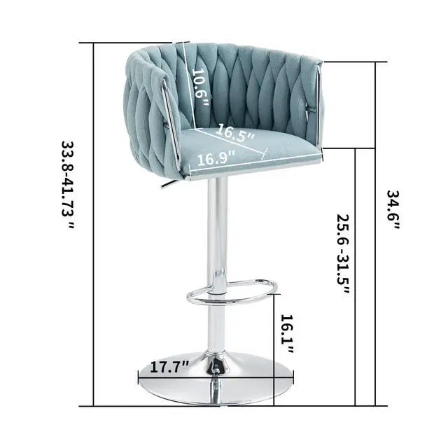 Alt view image 2 of 7 - 360° Fabric Cover Swivel Bar Stools Set of 2, Adjustable Counter Height Bar Chairs with Woven Back & Footrest, Silver Chromed Counter Stools for Kitchen Island