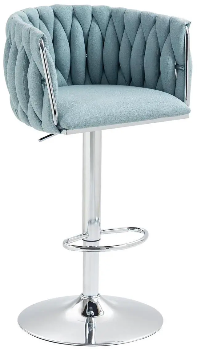 Alt view image 4 of 7 - 360° Fabric Cover Swivel Bar Stools Set of 2, Adjustable Counter Height Bar Chairs with Woven Back & Footrest, Silver Chromed Counter Stools for Kitchen Island