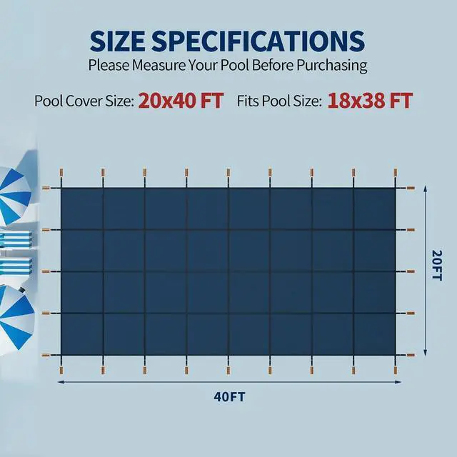 Alt view image 2 of 7 - Pool Covers for Inground Pool, 20x40ft in Ground Pool Safety Cover, Rectangular Inground Winter Cover for Underground and Inground Swimming Pools, PP Abrasion Resistant Mesh,Blue