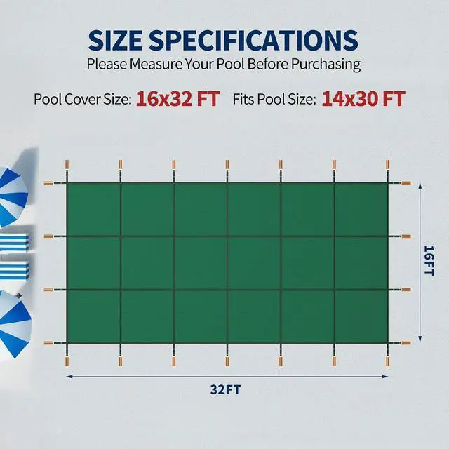 Alt view image 2 of 7 - Pool Covers for Inground Pool, 16x32ft in Ground Pool Safety Cover, Rectangular Inground Winter Cover for Underground and Inground Swimming Pools,PP Abrasion Resistant Mesh,Green