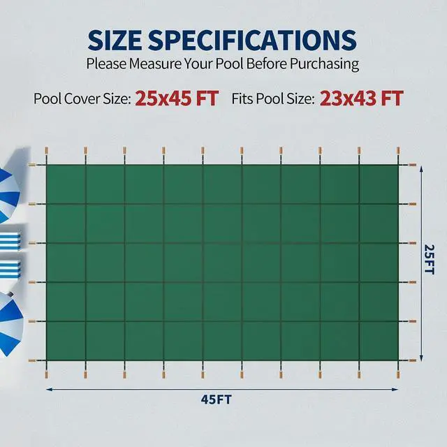 Alt view image 2 of 7 - Pool Covers for Inground Pool, 25x45ft in Ground Pool Safety Cover, Rectangular Inground Winter Cover for Underground and Inground Swimming Pools, PP Abrasion Resistant Mesh,Green