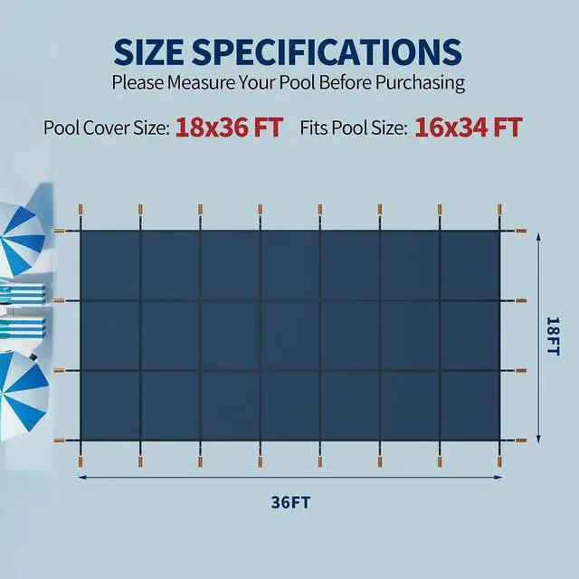 Alt view image 2 of 7 - Pool Covers for Inground Pool, 18x36ft in Ground Pool Safety Cover, Rectangular Inground Winter Cover for Underground and Inground Swimming Pools, PP Abrasion Resistant Mesh,Blue