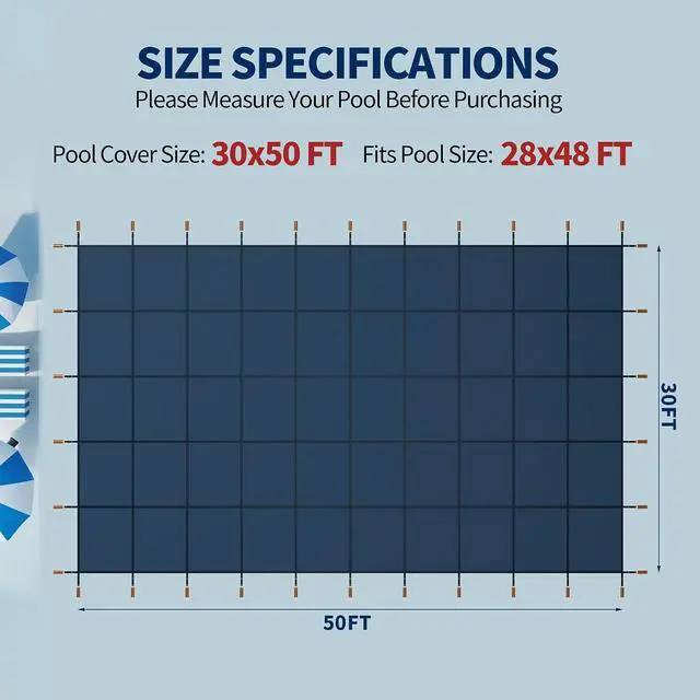 Alt view image 2 of 7 - Pool Covers for Inground Pool, 30x50ft in Ground Pool Safety Cover, Rectangular Inground Winter Cover for Underground and Inground Swimming Pools, PP Abrasion Resistant Mesh, Blue