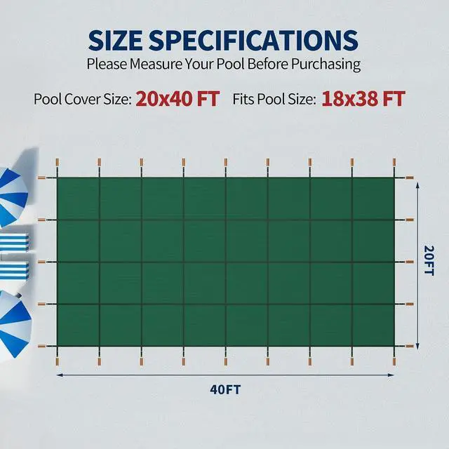 Alt view image 2 of 7 - Pool Covers for Inground Pool, 20x40ft in Ground Pool Safety Cover, Rectangular Inground Winter Cover for Underground and Inground Swimming Pools, PP Abrasion Resistant Mesh, Green