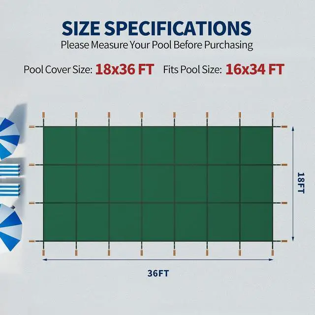 Alt view image 2 of 7 - Pool Covers for Inground Pool, 18x36ft in Ground Pool Safety Cover, Rectangular Inground Winter Cover for Underground and Inground Swimming Pools, PP Abrasion Resistant Mesh,Green