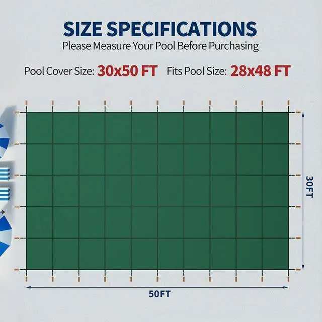 Alt view image 2 of 7 - Pool Covers for Inground Pool, 30x50ft in Ground Pool Safety Cover, Rectangular Inground Winter Cover for Underground and Inground Swimming Pools, PP Abrasion Resistant Mesh, Green