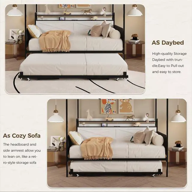 Alt view image 4 of 6 - Twin Size Daybed with Roll Out Trundle, Metal Pull Out Bed with Storage Shelf, LED Lights and Charging Station, Boys Girls Single Guest House Bedframe with Side Pockets, White