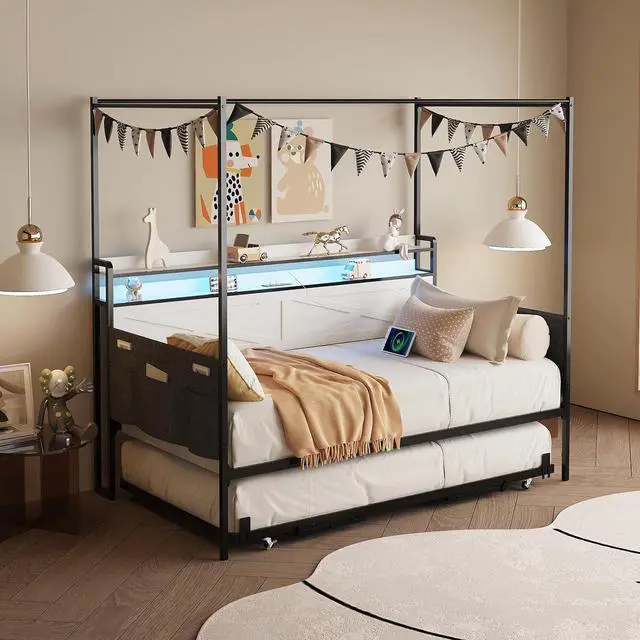 Main image of Twin Size Daybed with Roll Out Trundle, Metal Pull Out Bed with Storage Shelf, LED Lights and Charging Station, Boys Girls Single Guest House Bedframe with Side Pockets, White
