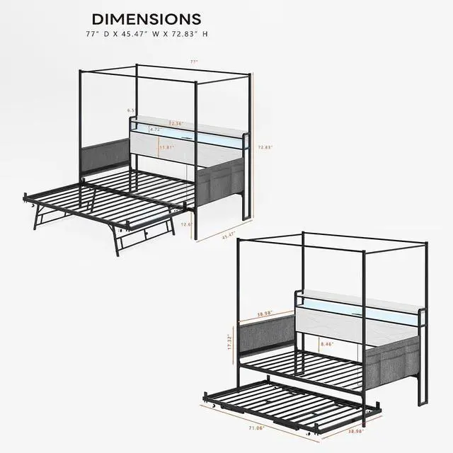 Alt view image 2 of 6 - Twin Size Daybed with Roll Out Trundle, Metal Pull Out Bed with Storage Shelf, LED Lights and Charging Station, Boys Girls Single Guest House Bedframe with Side Pockets, White