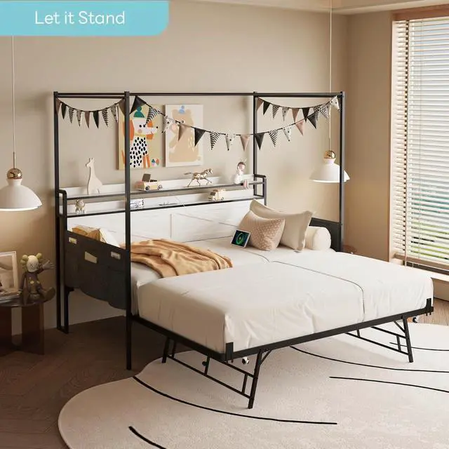 Alt view image 3 of 6 - Twin Size Daybed with Roll Out Trundle, Metal Pull Out Bed with Storage Shelf, LED Lights and Charging Station, Boys Girls Single Guest House Bedframe with Side Pockets, White