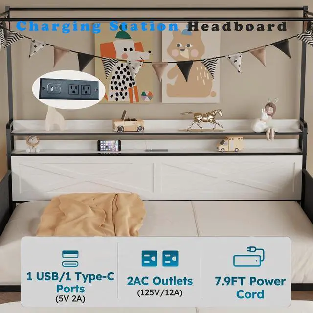 Alt view image 5 of 6 - Twin Size Daybed with Roll Out Trundle, Metal Pull Out Bed with Storage Shelf, LED Lights and Charging Station, Boys Girls Single Guest House Bedframe with Side Pockets, White