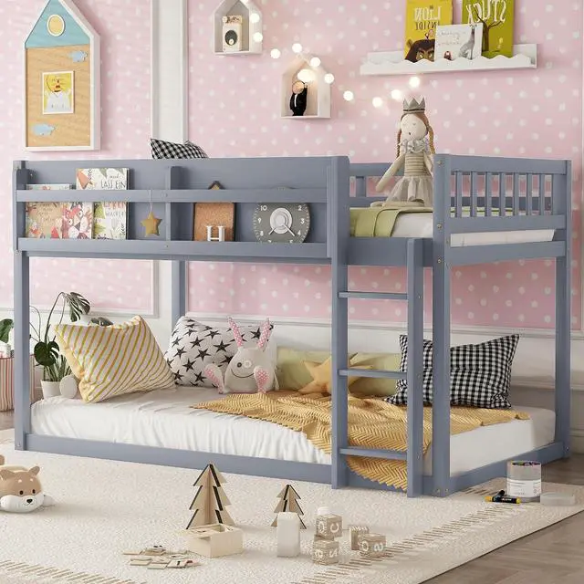Main image of Low Twin Over Twin Bunk Bed with Sling Bookshelf, Solid Wood Floor Bed with Ladder and Full-Length Guardrail for Boys or Girls, Adults Small Bedroom, Apartment, No Box Sping Needed, Grey