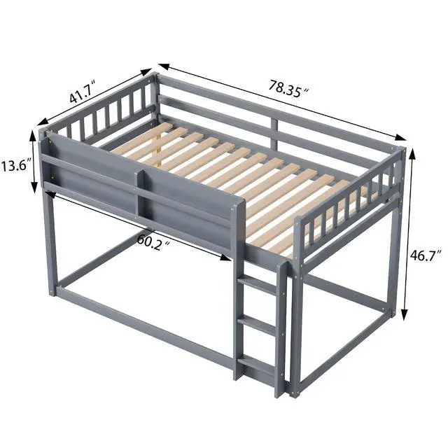Alt view image 2 of 7 - Low Twin Over Twin Bunk Bed with Sling Bookshelf, Solid Wood Floor Bed with Ladder and Full-Length Guardrail for Boys or Girls, Adults Small Bedroom, Apartment, No Box Sping Needed, Grey