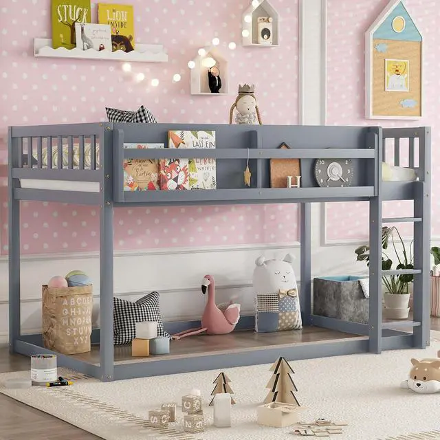 Alt view image 3 of 7 - Low Twin Over Twin Bunk Bed with Sling Bookshelf, Solid Wood Floor Bed with Ladder and Full-Length Guardrail for Boys or Girls, Adults Small Bedroom, Apartment, No Box Sping Needed, Grey