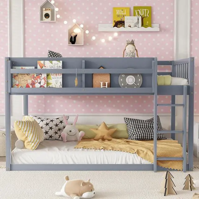 Alt view image 4 of 7 - Low Twin Over Twin Bunk Bed with Sling Bookshelf, Solid Wood Floor Bed with Ladder and Full-Length Guardrail for Boys or Girls, Adults Small Bedroom, Apartment, No Box Sping Needed, Grey