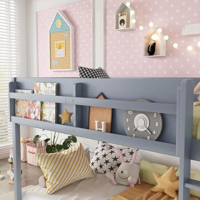 Alt view image 5 of 7 - Low Twin Over Twin Bunk Bed with Sling Bookshelf, Solid Wood Floor Bed with Ladder and Full-Length Guardrail for Boys or Girls, Adults Small Bedroom, Apartment, No Box Sping Needed, Grey