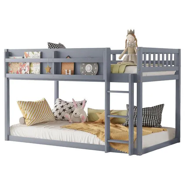 Alt view image 6 of 7 - Low Twin Over Twin Bunk Bed with Sling Bookshelf, Solid Wood Floor Bed with Ladder and Full-Length Guardrail for Boys or Girls, Adults Small Bedroom, Apartment, No Box Sping Needed, Grey