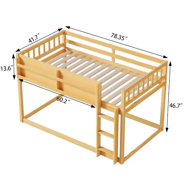 Alt view image 2 of 7 - Low Twin Over Twin Bunk Bed with Sling Bookshelf, Solid Wood Floor Bed with Ladder and Full-Length Guardrail for Boys or Girls, Adults Small Bedroom, Apartment, No Box Sping Needed, Natural