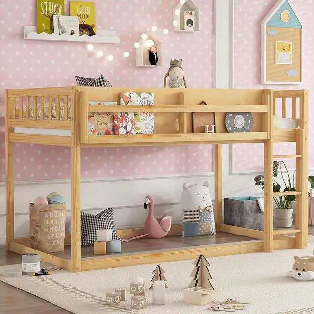 Alt view image 3 of 7 - Low Twin Over Twin Bunk Bed with Sling Bookshelf, Solid Wood Floor Bed with Ladder and Full-Length Guardrail for Boys or Girls, Adults Small Bedroom, Apartment, No Box Sping Needed, Natural
