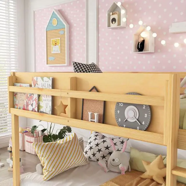 Alt view image 4 of 7 - Low Twin Over Twin Bunk Bed with Sling Bookshelf, Solid Wood Floor Bed with Ladder and Full-Length Guardrail for Boys or Girls, Adults Small Bedroom, Apartment, No Box Sping Needed, Natural